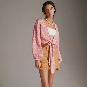 by Anthropologie Tie-Front Cropped Kimono Long Puff Sleeve Pink/Rose Spotted NWT